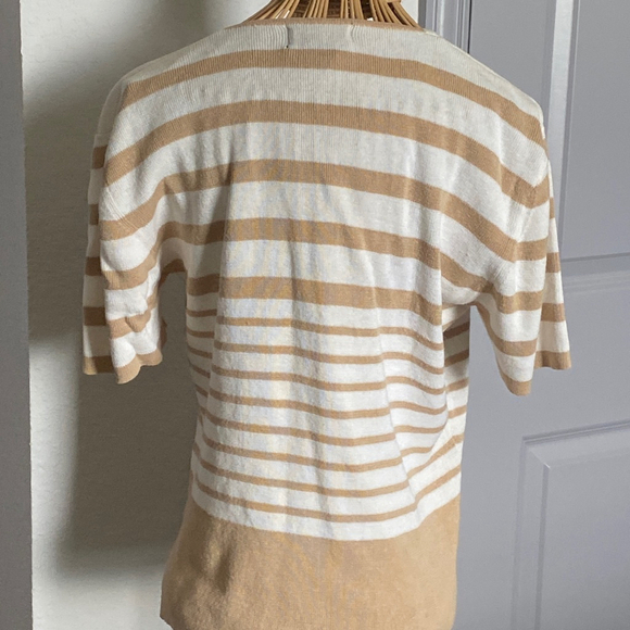 Women's STUDIO Tan Cream Striped Short Sleeve Cardigan M - Picture 2 of 4